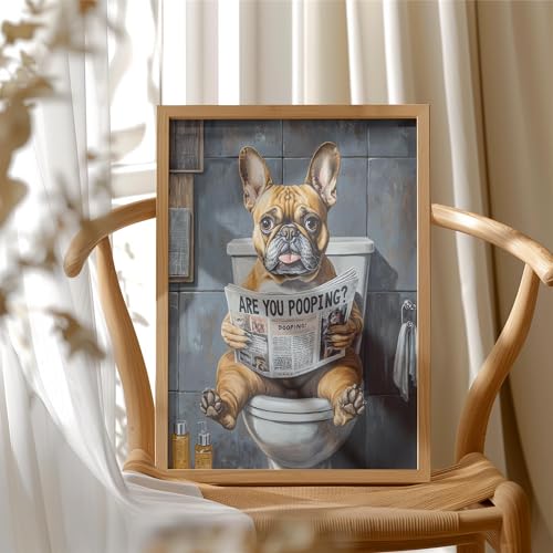 Image of French Bulldog on Toilet Wood Framed Wall Art Print Poster, Dog Bathroom Humor Decor Posters Prints for Restroom Home Picture Painting Artwork Gallery 7 (French Bulldog, 11 inchW x 14 inchL, Wood Frame)