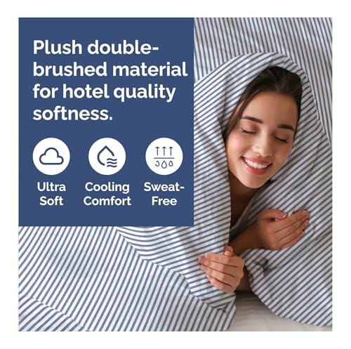 Image of Duvet Cover Full Size Set - Extra Soft Full Duvet Cover 80 inch x 90 inch with 2 Pillow Shams for Women, Men, Kids & Teens - Hotel Luxury w / Zipper Closures & Ties - Comfy, Cozy & Breathable (Blue Stripes)