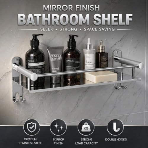 Image of Well Set Stainless Steel Double Layer Bathroom Shelf | Wall Mounted Rack with Towel Bar & Hooks