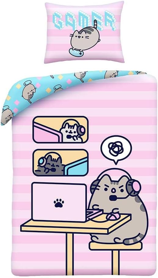 Halantex Pusheen Gamer Single Duvet Cover Set - 100% Cotton Bedding Duvet with Large Pillow Case - Reversible Duvet Set for Kids - Comfortable & Breathable - Cute Design