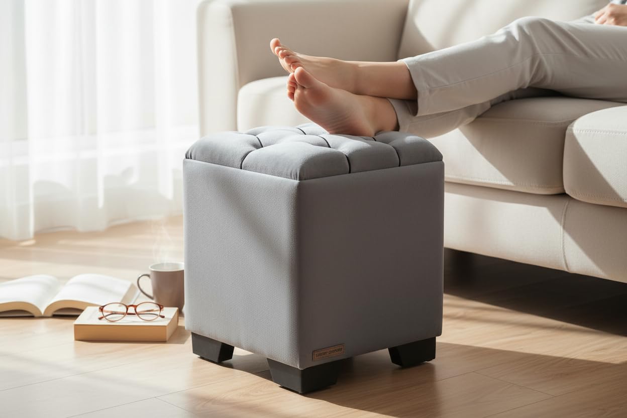 Velvet Cube Ottoman | Seating Stool for Living Room | Soft Cushioned Footrest Stool with Durable Plastic Legs | Multipurpose Seating, Side Table & Pouffe Home Décor, 12x12x14 inch (Grey)-image-7