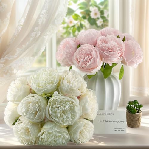 2 Bouquet 10Heads Artificial Fake Peony Flowers Silk Faux White Flower for Home Office Party Wedding Decorations image 1