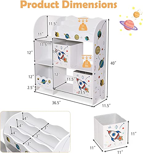 Honey Joy Kids Toy Storage Organizer, Wooden Storage Unit With 2 Storage Boxes, Toddler Storage Display Bookshelf Daycare Furniture For Playroom, Children’s Room, Living Room(Rocket) #TOP2