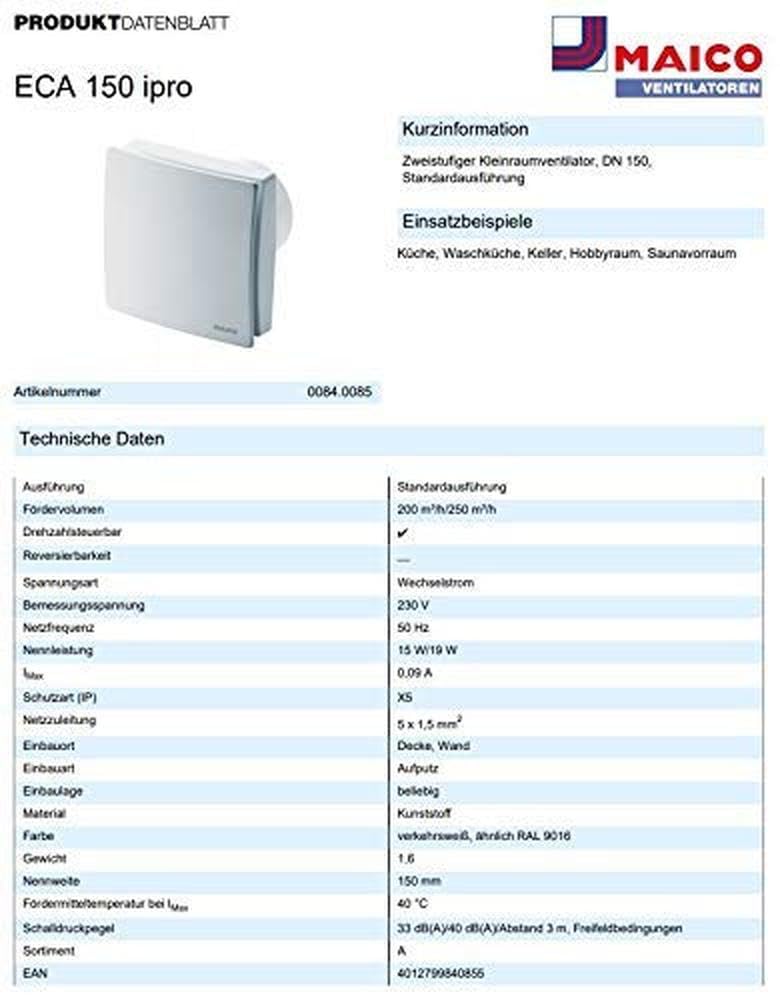 Maico - Original ECA 150 ipro, 0084.0085 - Standardausführung, zweistufiger Kleinraumventilator, für Küche, Waschküche, Keller, Hobbyraum, Saunavorraum