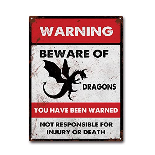 LIUAXICIA Targa in metallo con scritta "Beware of Dragons Room Man Cave Art Decorations" in metallo, decorazione da parete, 30,5 x 40,6 cm