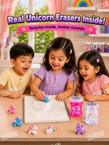 Image of HOTKEI Unicorn Dream Slime for Kids 3 to 10 Years Stretchable Slime with Surprise Cute Unicorn Eraser Inside Soft Non-Sticky DIY Slimy Fun Toy Birthday & Return Gift for Kids Girls & Boys Pack of 4