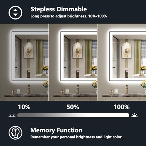 Image of 40x36 Inch LED Bathroom Mirror with Lights (Front Lit and Backlit) Black Framed Lighted Vanity Mirror for Bathroom Wall Dimmable Anti-Fog Memory Tempered Glass Horizontal /Vertical