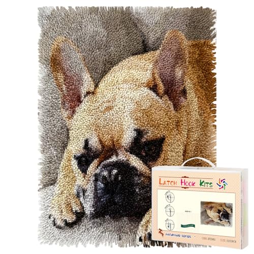 Latch Hook Rug Kit Cute French Bulldog Pre-Printed Handmade Carpet Crochet Yarn Craft DIY Hook and Latch Door Mat Tapestry for Home Floor Decoration 60x40cm-1