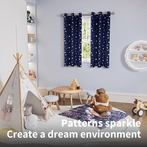 Image of BGment Kids Curtains for Nursery, Short Star and Moon Room Darkening Curtains for Bedroom 63 Inch Long, Blackout Thermal Insulated Window Drapes for Boys Girls, Navy, 42 Wide, 2 Panels