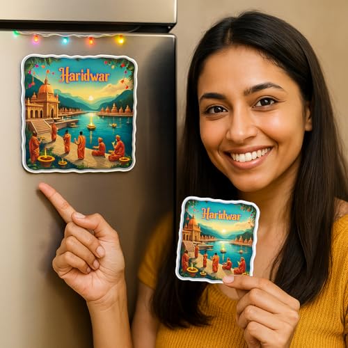 Image of Naxon Haridwar Theme Souvenir Wooden Fridge Magnet for Refrigerator - Printed Fridge Magnet for Kitchen & Home Decor | Perfect Souvenir Gift | Size 3x3 in | Pack of 1