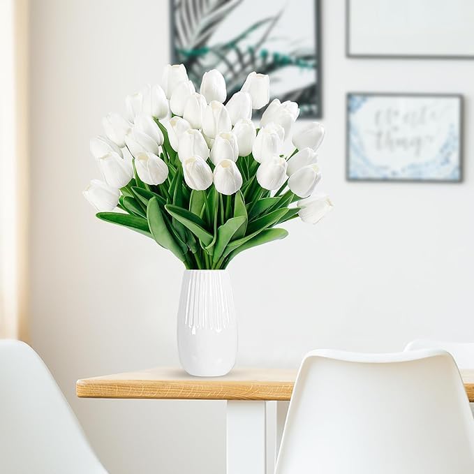 Image of Garden Art Artificial Tulip Flowers (Pack of 5) | Real Touch Silicone Single Stem Tulips for Home Decor, Living Room, Office, Vase & Wedding Decoration GAASTFB-1H-33W (White)