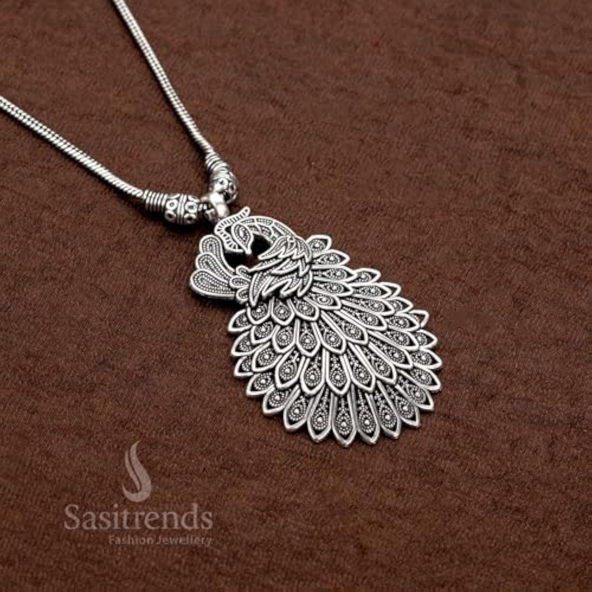 Oxidized German Silver Peacock Pendant Necklace for Women