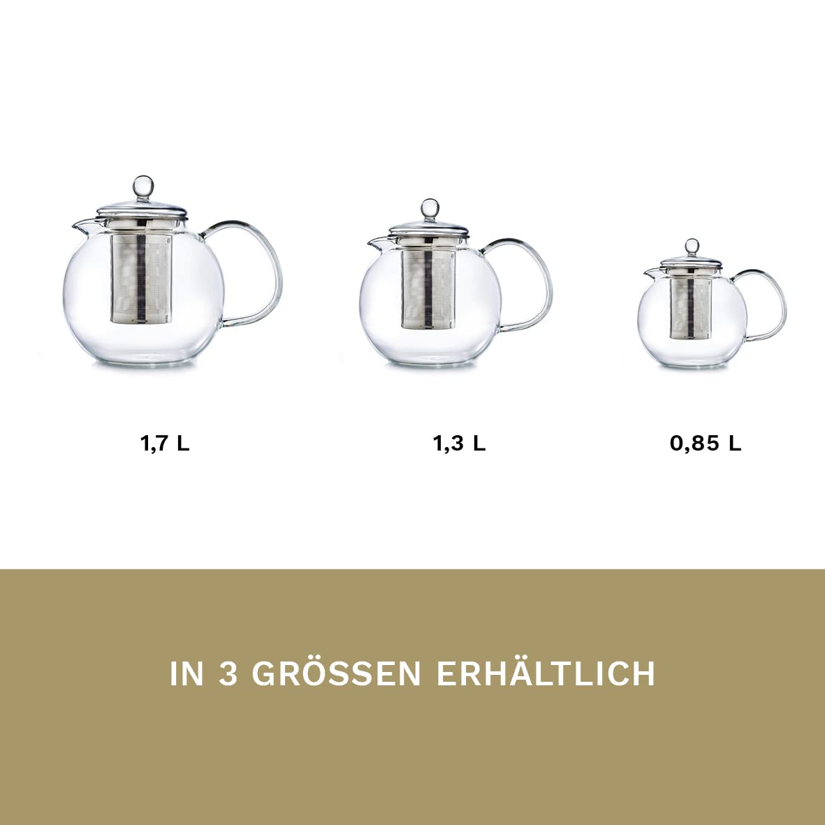 Creano Teekanne aus Glas 1,7l, 3-teilige Glasteekanne mit integriertem Edelstahl Sieb und Glasdeckel, ideal zur Zubereitung von losen Tees, tropffrei, All-in-one