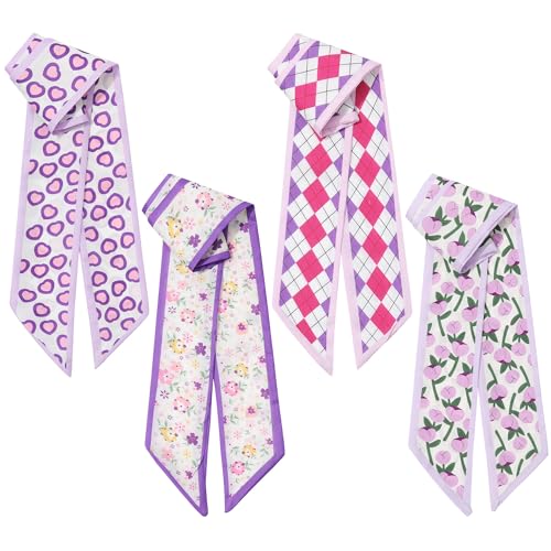 AWAYTR 4Pcs Head Hair Scarf for Handbags 1.6 x 39 Silk-Like Satin Skinny Neck Scarf for Purse Lightweight Headband Hair Tie (Purples)