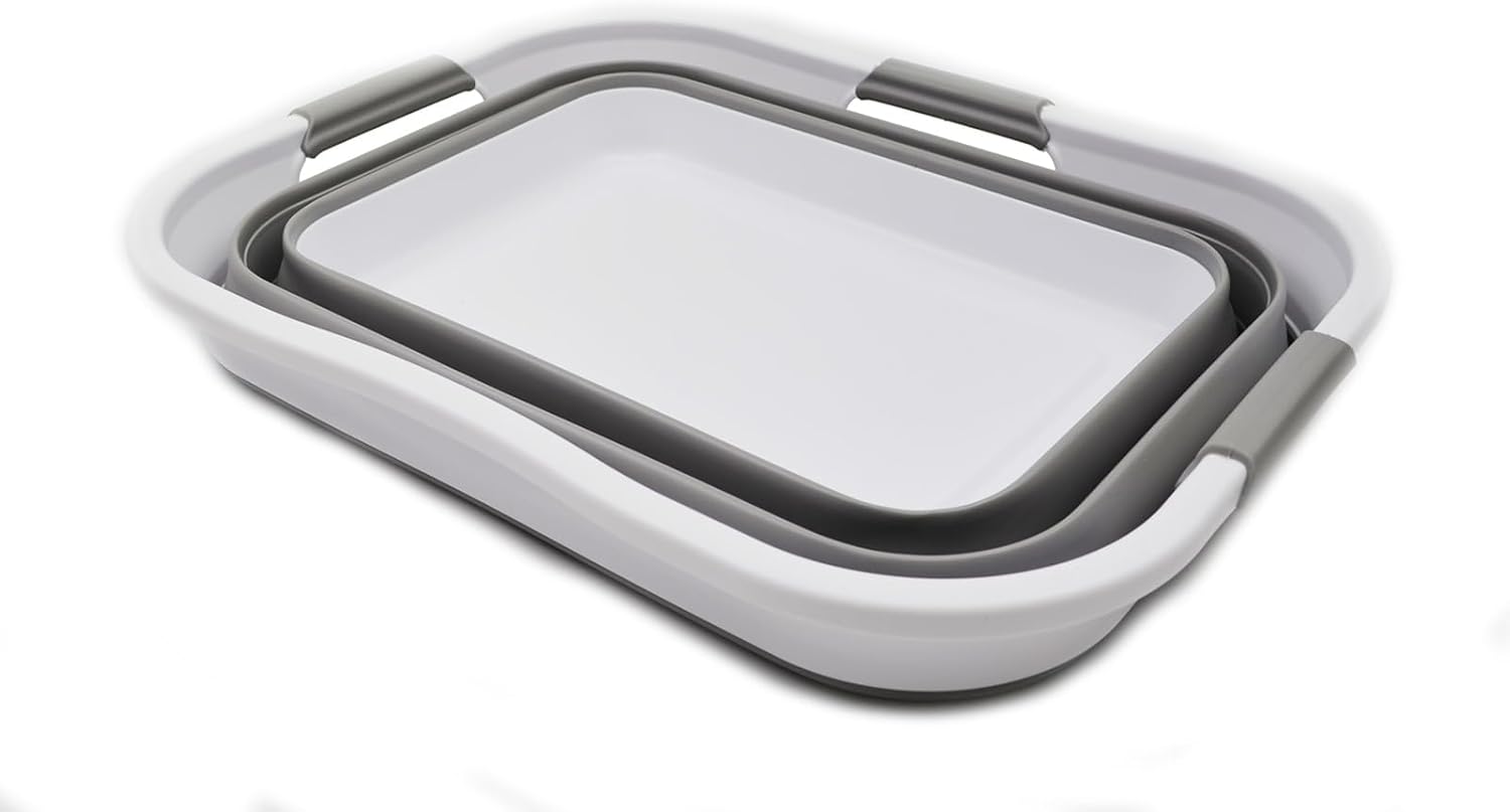SAMMART 30L (8 gallons) Collapsible Plastic Laundry Washing Tub- Foldable Laundry Basket/Organizer-Portable Washing Tub/Container-Pop Up Saving Hamper-Water Capacity 24L(6.3 gallons) (White/Grey)