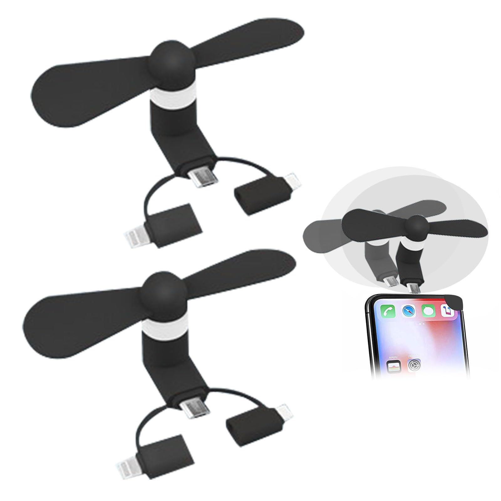 Comioke Wentylator mini do telefonu, wentylator USB, 3 w 1, kompatybilny z iPhone/iPad/smartfonami z systemem Android/tabletem, micro USB/Typem C/Lightn (czarny, 2 szt.)