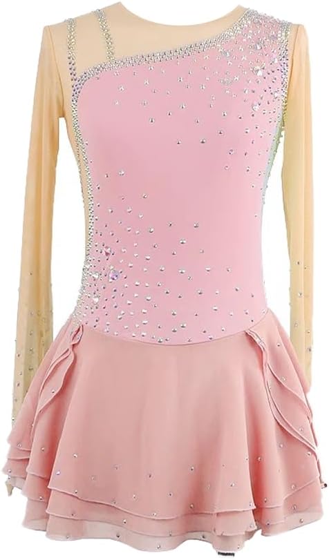 Figure Skating Dress, Shiny Rhinestone Long-Sleeved for Girls Performance Competition Costumes