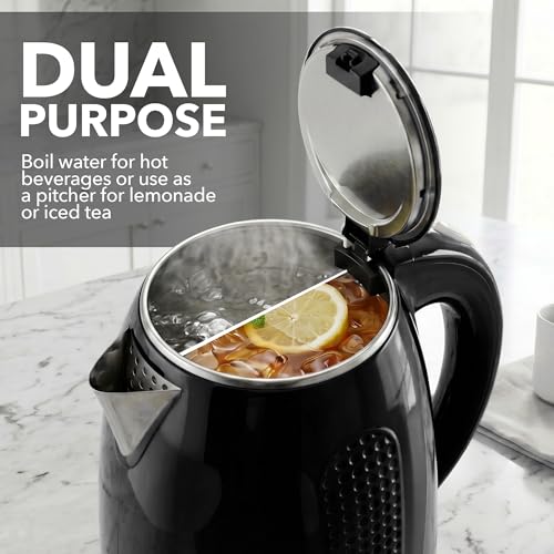 Image of OVENTE 1.7L Double Wall Electric Tea Kettle, 1100W Power, Black KD64B | Water Boiler with Cool-Touch Exterior, Stainless Steel Interior, Auto Shut-Off, Boil-Dry Protection & Locking Lid, Easy Clean