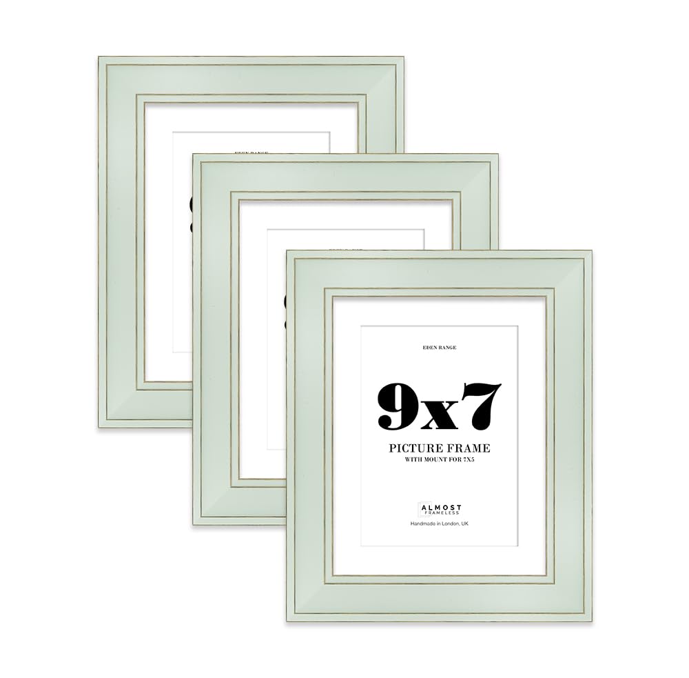 9x7" Sage Green Picture Frame with 7x5" Mount - Shabby Chic Photo Frame with Distressed Finish, Gold Trim, Wall Hooks and Kickstand, 37mm Edge - 3 Pack
