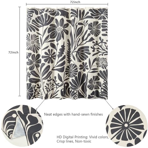 Roomtalks A BLACK MATISSE 72 Vintage Floral Faux Linen Shower Curtain For Bathroom Decor - 210Gsm Heavy Duty Modern Farmhouse Country Rustic Matisse Plants Botanical Shower Curtain Set thumb #7