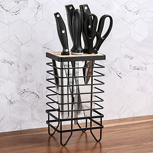 Linfidite Knife Block Holder Universal Kitchen Knife Organizer Storage Stand 8 Slots Top Hollow Iron Wire Safe To Use Different Size Shape Knife Sharpeners Scissors Kitchen Countertop Black #TOP7
