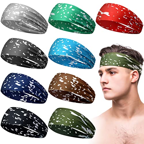 Image of 9 pcs Sweatbands for Men Workout Sport Headbands for Men Camo Headband Sweat Absorbing Headband Wide Sweatband for Head Basketball Football Cycling Running Yoga, 4.7 x 9.8 Inch