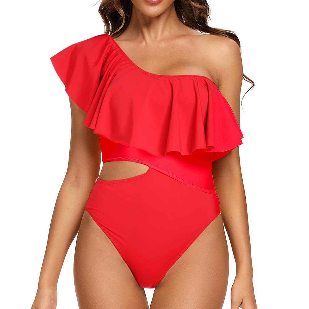 DixperfectWomen's Cutout Ruffled One Shoulder One Piece Swimsuit Bathing Suit Monokini Padded - red - Small