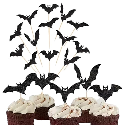 26 piezas de decoración para cupcakes de murciélago de Halloween, color negro con purpurina, banderas para decoración de tartas con temática de Halloween, baby shower, fiesta de cumpleaños