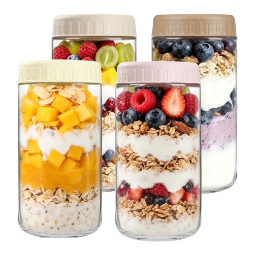 SHOWIN Overnight Oats Containers with Lids, 24oz Glass Jars with Lids 4 pcs, Wide Mouth Mason jars for Salad, Yogurt, Snacks, Meal Prep