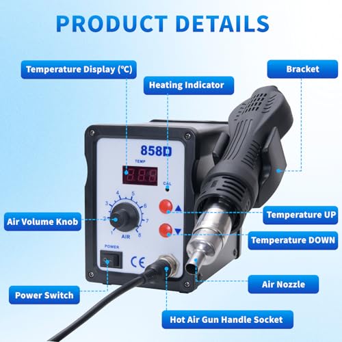 Umelee Hetelucht Soldeerstation 858D, Desoldeerstation 700W met 3 Heteluchtmondstukken, Digitaal Display 100-450°C, voor SMD Solderen en Desolderen (EU-stekker) - Afbeelding 3