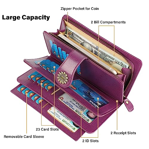 Lavemi Womens Genuine Leather Large Capacity RFID Blocking Wallets Clutch Card Holder With Wristlet Strap4