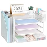 Gugsey Desk Organizer with File Holder, Organisateur et Accessoire de Bureau, 5-Tier Paper Letter Tray with Drawer and Pen Holder, Desktop Office Accessories for School, Home, Office Supplies (White)