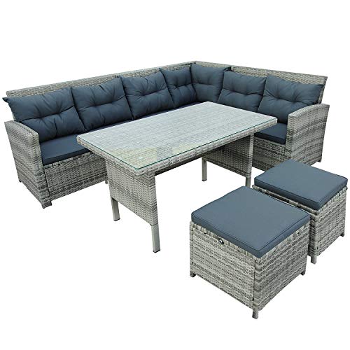 Outdoor Patio Furniture Set, 6-Piece All-Weather Wicker Rattan Sectional Sofa with Glass Table,Ottomans and Cushions (Gray)