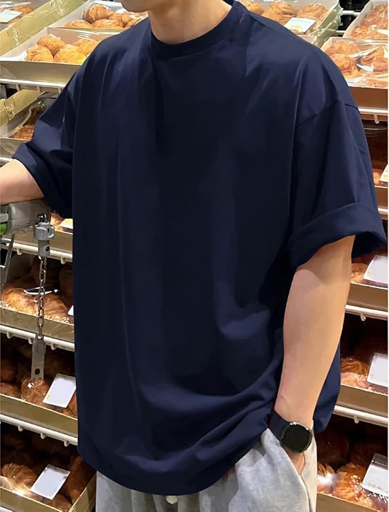 Image of Oversized Baggy Fit Drop Shoulder Half Sleeves Round Neck Solid Pure 100% Cotton Blend T-Shirt for Men