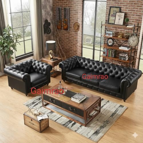 Image of Classic Leatherette Chester Sofa Set Button Tufted, Classic Style Sofa Set 3-Person Sofa for Living Room, Office, and Hallway Colour (Black Leatherette, 3+1 = 4 Seater Sofa)
