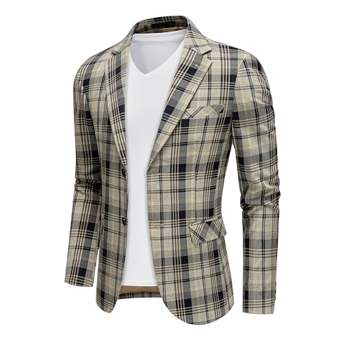 UNINUKOO Men's Blazer Plaid Casual Slim Fit Sport Coats One Button Lightweight Checkered Suit Jacket US Size 40 Khaki