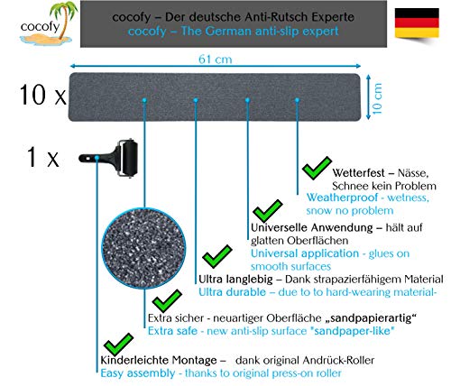 cocofy Anti Rutsch Streifen Treppen außen und innen, 10x Streifen (61x10 cm) grau, Starker Halt dank Spezial-Outdoor-Oberfläche, Rutsch-Schutz für Treppenstufen Antirutsch Stufenmatten außen grau