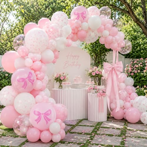 Image of Bow Balloons, 60 Pcs 12 Inch Pink White Clear Latex Balloons for Baby Girl Birthday Party Decorations Bow Themed Bridal Shower Coquette Party Decor