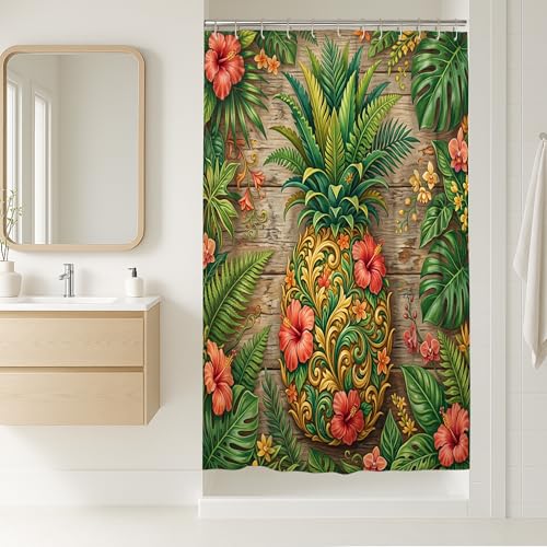 Duschvorhang mit Ananas-Stall, tropische botanische Hibiskus-Farne, Sommergrün, wasserdichter Stoff, Klauenfußwanne, Duschvorhänge für Badezimmer, Badewanne, Wohnungsdekoration, 91,4 x 183,9 cm