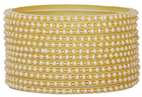 JD'Z COLLECTION Indian Bollywood Traditional Glass Bangles Set Churi Multi Color Bangle Bracelet For Women | Handcrafted Pearl Bangle | Ethnic Jewelry | Wedding Collection (Ivory, 2.4)