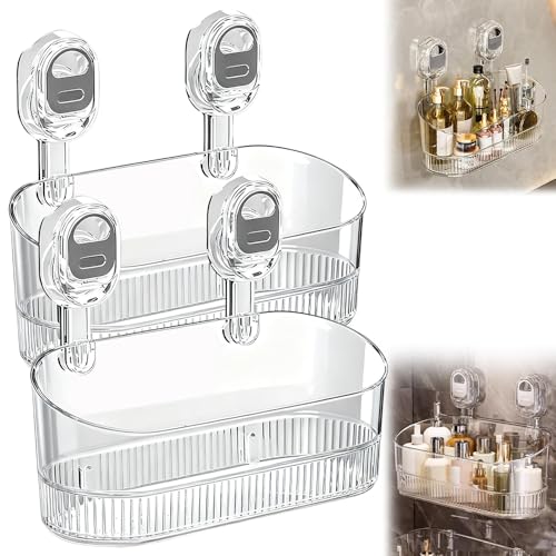 No Drill Suction Shower Caddy 2026 New Clear Bathroom Organizer Rack with Drain Holes Large Capacity Wall-Mounted Storage