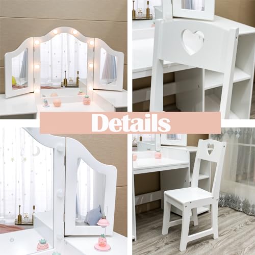 Kids Vanity with Lights Storage Cabinet & Touch Light Detachable Tri-Folding Mirror, 2 in 1 Toddler Vanity Table & Chair Set Wooden Girls Vanity Dress Table for Girls