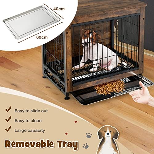GYMAX Wooden Dog Crate, Furniture Style Puppy Cage Side End Table with Double Doors and Removable Tray, Indoor Pet kennel for Small Puppy Cat, Brown