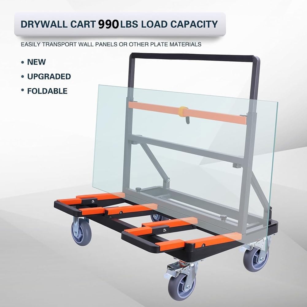 Klappbarer Trockenbau-Wagen Mit 6-Zoll-Lenkrollen, Tragkraft 990 Lbs, Tragbarer Plattenwagen, Transport Von Sperrholz, Gipskartonplatten, Glas Und Fenstern,Loading Deck extensible