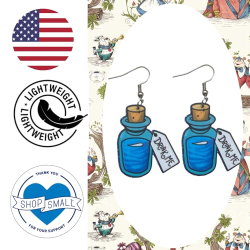 Fun Pair of “Drink Me” Glitter Drop and Dangle Earrings for Alice in Wonderland Costumes, Mad Hatter Costumes and More. Fun Pair of Drink Me Mini Bottle Fan Inspired Earrings for Queen of Hearts Costumes and More.3