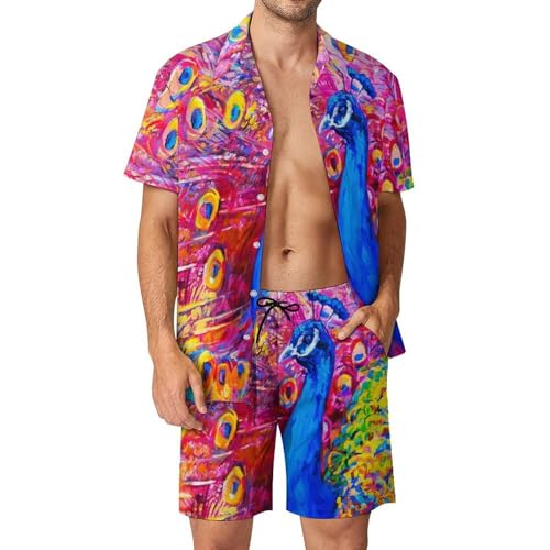 Chemise Hawaïenne Homme Paon Coloré et Short pour un Été Style Plage en Vacances Tasse S
