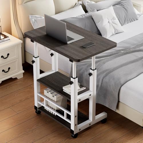 キャスター付き昇降式 ベッドサイドテーブル 60-90cm 高さ調節 3 段収納 パソコンデスク 多機能 一人暮らし 丸角設計 移動便利 ソファー脇テーブル/ワークデスク パソコン 化粧/学習/仕事用 組立簡単 説明書付き(40*80,ダークグレー)