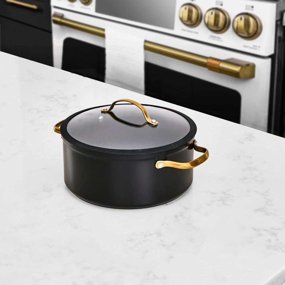 5 Qt Non-Stick Stock Pot with Glass Lid in Black & Gold