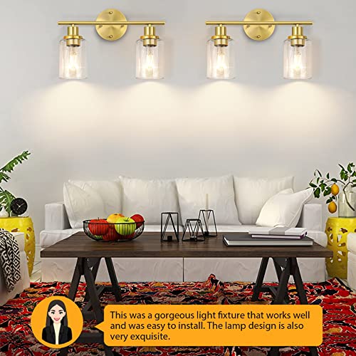 Image of Bathroom Light Fixtures, 2 Light Vanity Light, Gold Wall Sconces Lighting | Modern Bath Wall Mounted Lights with Glass Shade, Porch Wall Lamp for Mirror, Living Room, Bedroom, Brushed Brass