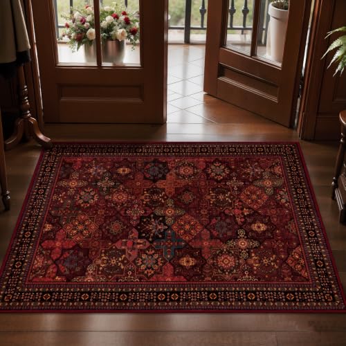 Image of Tangsoo Red Small Area Rugs for Entryway,Oriental Non Slip 2x3 Washable Rug